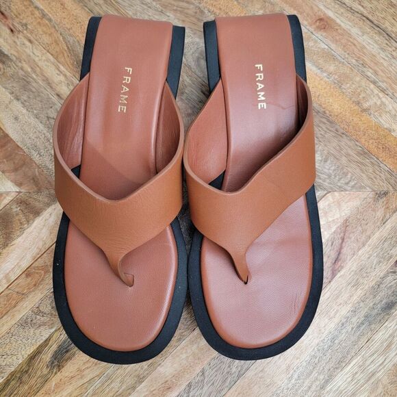 Frame Women's Le Ocean Brown Thong Wedge Sandals Size 4.5 Heel Platform - Picture 1 of 11